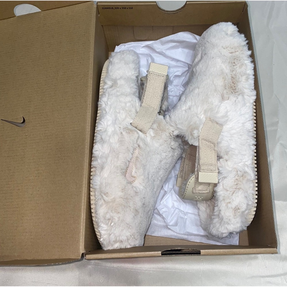 Nike Calm Mule Sanddrift Faux Fur Slippers Womens 8 Mens 7 NEW Cozy Streetwear